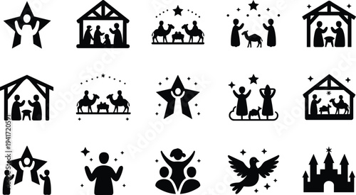 Christmas nativity icon set with baby Jesus manger wise men angel star and holy family silhouettes for Christian holiday design