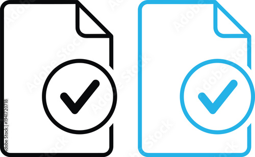 Document with check mark icon, approval symbol, confirmation badge, accepted document