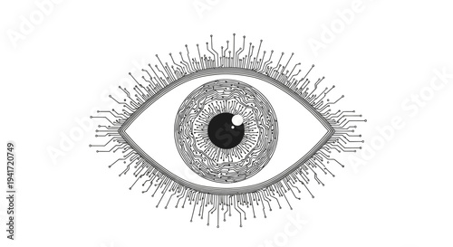 Detailed Human Eye with Circuitry Eyelashes and Iris Pattern.
