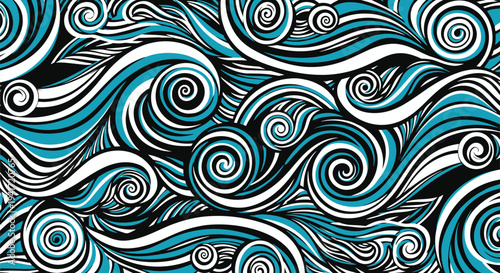 Abstract teal and black ocean wave pattern with swirling spiral curls and white line art for surf branding, nautical design, and backgrounds.