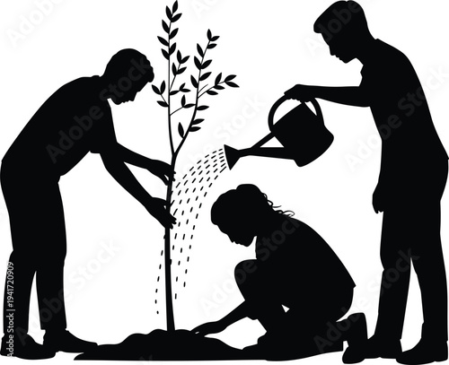 people planting tree and watering plant silhouette, teamwork environmental conservation concept, volunteers gardening together isolated on white background illustration