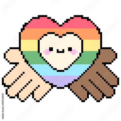 Cute pixel art pride heart with diverse hands hugging, kawaii love concept.