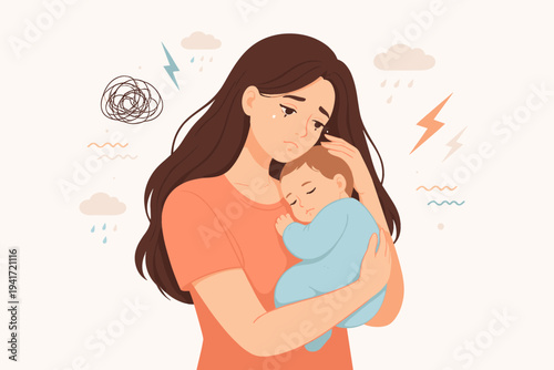 Sad Mother Holding Her Sleeping Baby with Storm Clouds and Lightning Symbols Representing Postpartum Depression, Maternal Mental Health Struggles, Anxiety, and Stress, Simple Flat Vector Design