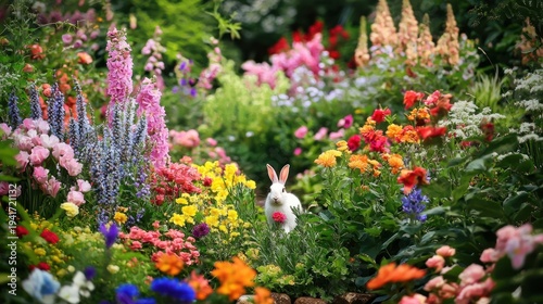 Wallpaper Mural A white rabbit among colorful flowers in a garden. Torontodigital.ca