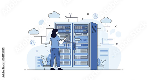 Server rack data center illustration person cloud computing storage connectivity IT infrastructure technology concept, flat vector illustration