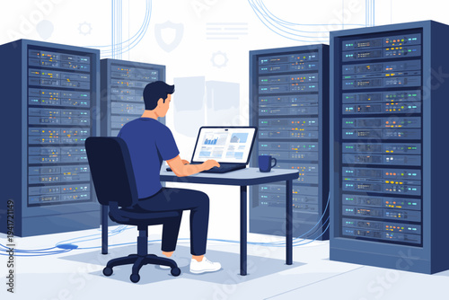 Flat vector illustration of a man working on a computer in a high-tech data center server room with large server racks, network cables, and cloud computing infrastructure for tech concepts.