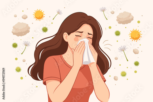 Young woman sneezing into a tissue suffering from seasonal allergies, hay fever, and environmental allergens like pollen, dust, and airborne viruses. Flat vector illustration for health concepts.
