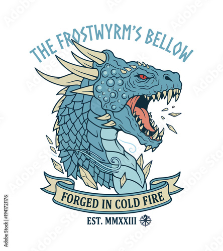 Blue dragon head T-shirt design with open mouth and sharp teeth illustration T-shirt Design