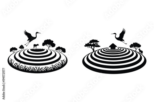 African savanna landscape with wildlife silhouette vector