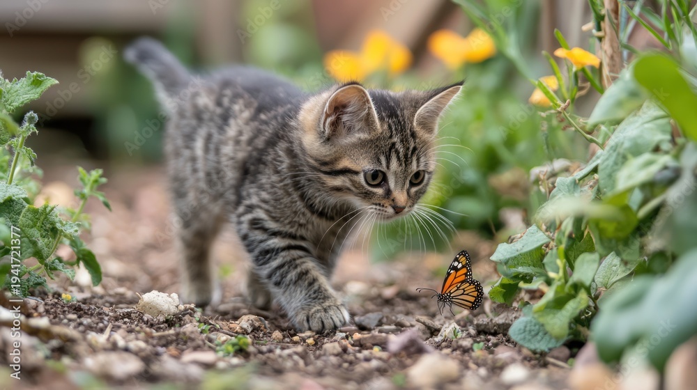 custom made wallpaper toronto digitalA curious kitten exploring a garden with a butterfly.