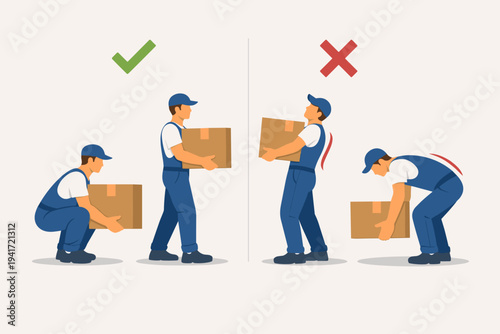 Vector illustration of movers showing correct and incorrect body ergonomic positions for lifting heavy boxes, comparing safe manual handling techniques with wrong postures for back health safety.
