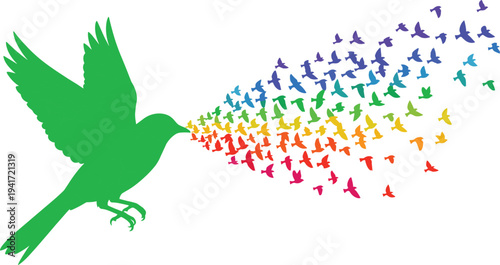 Green bird silhouette flying with rainbow bird swarm illustration, colorful flock of birds vector art, freedom concept design, vibrant nature wildlife drawing.