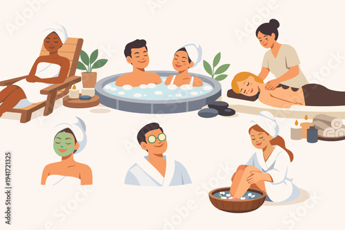 Flat vector illustration of people enjoying spa treatments like hot tub soaking, hot stone massage, facial mask, foot bath, and lounging for wellness, beauty, health, and self-care concepts.
