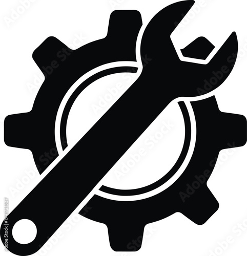Gear and wrench icon, settings symbol, service and configuration sign, black flat style illustration