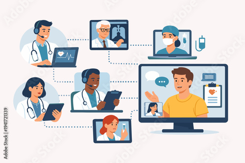 Professional medical team connected via digital screens to a patient for an online consultation. Flat vector illustration of telemedicine, remote healthcare, virtual clinic, and digital health.