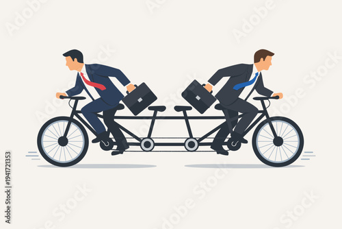 Flat vector illustration of two businessmen in suits riding a tandem bicycle in opposite directions, symbolizing conflict, lack of cooperation, disagreement, and misaligned business goals.