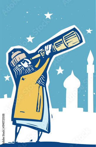 Woodcut style arab astronomer with a telescope 