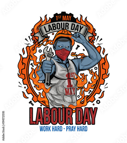 Man wearing red mask and white shirt holding wrench and adjustable wrench with fiery orange flames and gear around him on labour day T-shirt Design