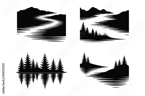 Forest river landscape with mountains and pine trees reflection