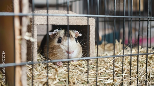 Wallpaper Mural A guinea pig peeking out from a cage with hay bedding. Torontodigital.ca