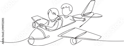 Continuous one line drawing creative kids playing as pilot with cardboard airplane. Children riding cardboard handmade airplane. one line art icon drawing vector