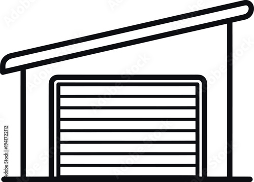 Modern shed with sloping roof and roller door line art icon for garage or storage facility