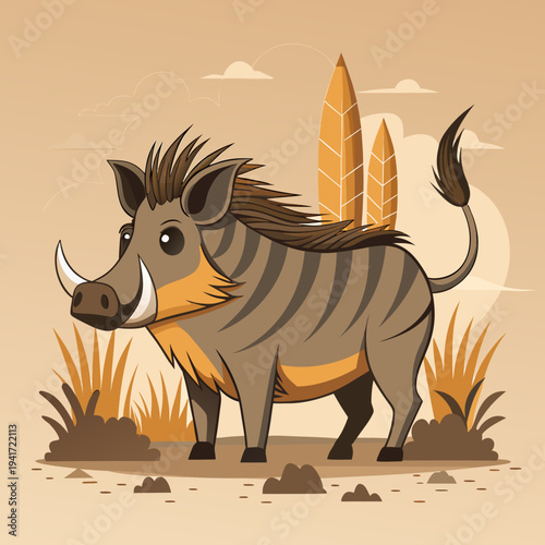 Cute Warthog Standing in Savanna Landscape