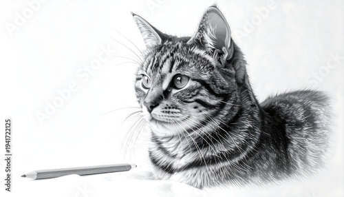 Realistic detailed charcoal drawing of a tabby cat beside a pencil on a white background