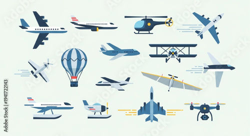 Diverse Collection of Aircraft and Flying Machines Illustration.