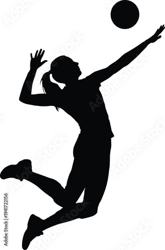 volleyball player silhouette jumping to spike ball, athlete sport action icon, isolated black figure, volleyball game symbol illustration