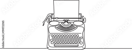 One continuous line drawing of retro old vintage typewriter front from view. one line art icon drawing vector