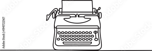 One continuous line drawing of retro old vintage typewriter front from view. one line art icon drawing vector