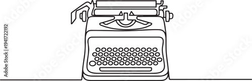One continuous line drawing of retro old vintage typewriter front from view. one line art icon drawing vector