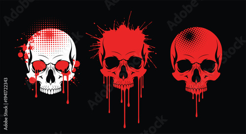 Red and white skull set with bloody paint drips, ink splatters, and halftone patterns isolated on black background for edgy streetwear design.