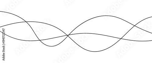 A minimalist abstract image featuring multiple, interwoven, wavy lines in varying thin nesses and dashed patterns. 