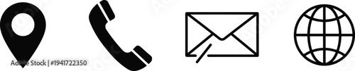 Black icons for contact information: location, phone, envelope, and globe symbol