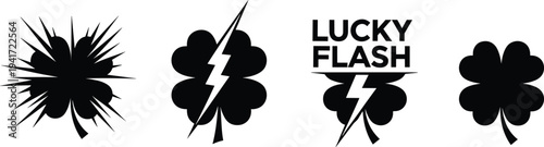 Black graphic symbols including abstract burst, lightning bolt clover, and text icon white