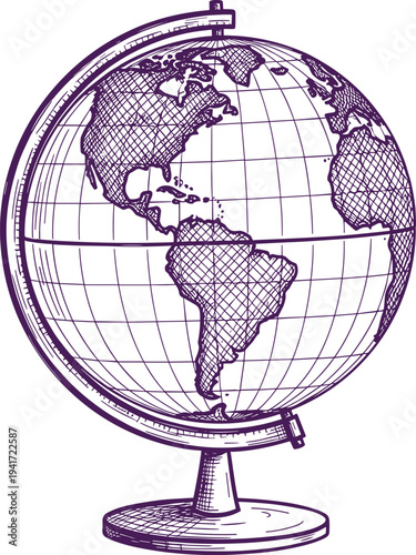 Vintage hand drawn world globe illustration, purple ink earth sphere vector art, retro geography map design, antique global travel atlas sketch drawing.