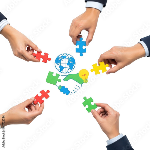 Diverse hands collaboratively arranging colorful puzzle pieces together