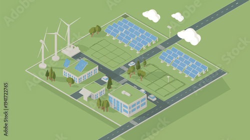 An aerial view of a sustainable community with solar panels and wind turbines generating renewable energy