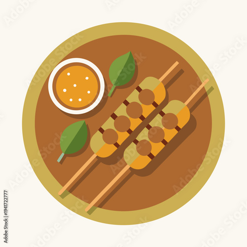 Satay Skewers with Peanut Sauce Flat Illustration
