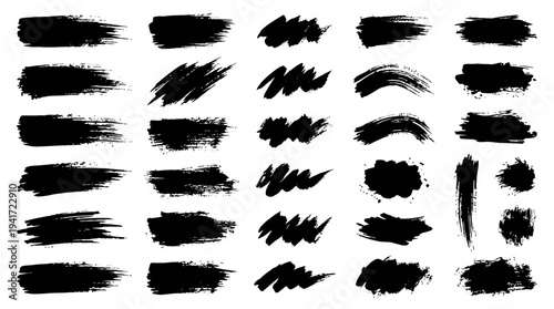 Assorted Black Brush Strokes on White Background for Artistic and Design Use