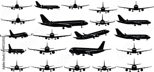 Collection of Airplane Silhouettes in Various Poses and Views aircraft aviation