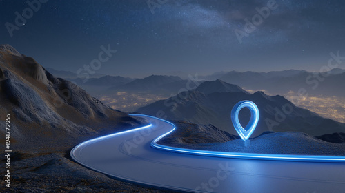 Vibrant neon blue road pathway illuminated at night, guiding adventurers to exciting destinations with a glowing location marker. A futuristic landscape with a starry sky, the glowing marker adds a
