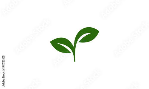 Two green leaves sprout from a single stem, symbolizing growth and nature.