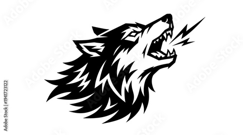 Fierce black wolf head roaring with lightning in a minimalist style on a white background