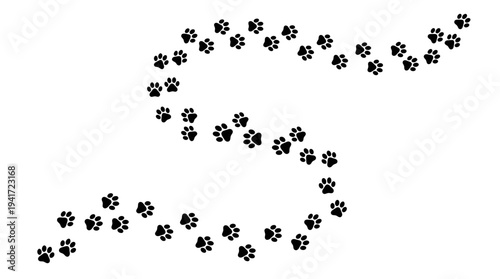 Black paw print trail curving across a white background, symbolizing animal movement and playfulness