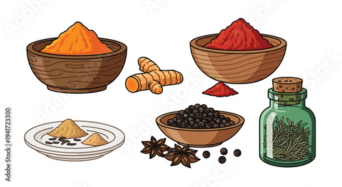 Various spices including turmeric powder, chili powder, whole turmeric roots, black peppercorns, star anise, and dried rosemary are arranged on a white background.