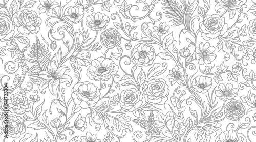 Intricate floral pattern featuring various flowers and leaves on a light background