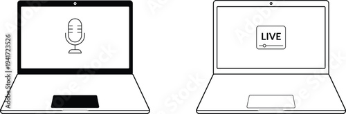 Two laptop icons, one showing microphone symbol and other showing live streaming icon on transparent background, technology concept.
